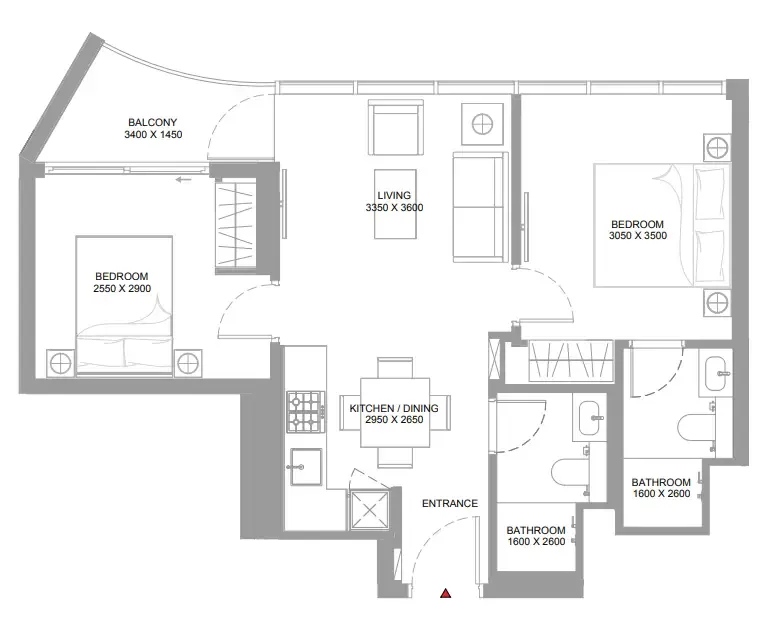 Pearlside Marina Residences 2 bed floor plan, 675 – 682 sqft