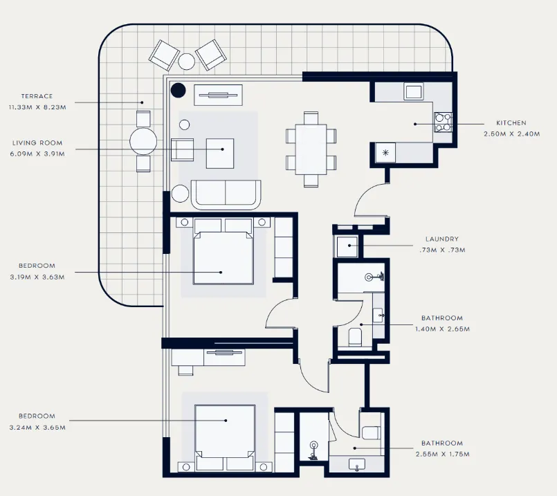 Azizi Venice 2 bed floor plan, 1,264 sqft