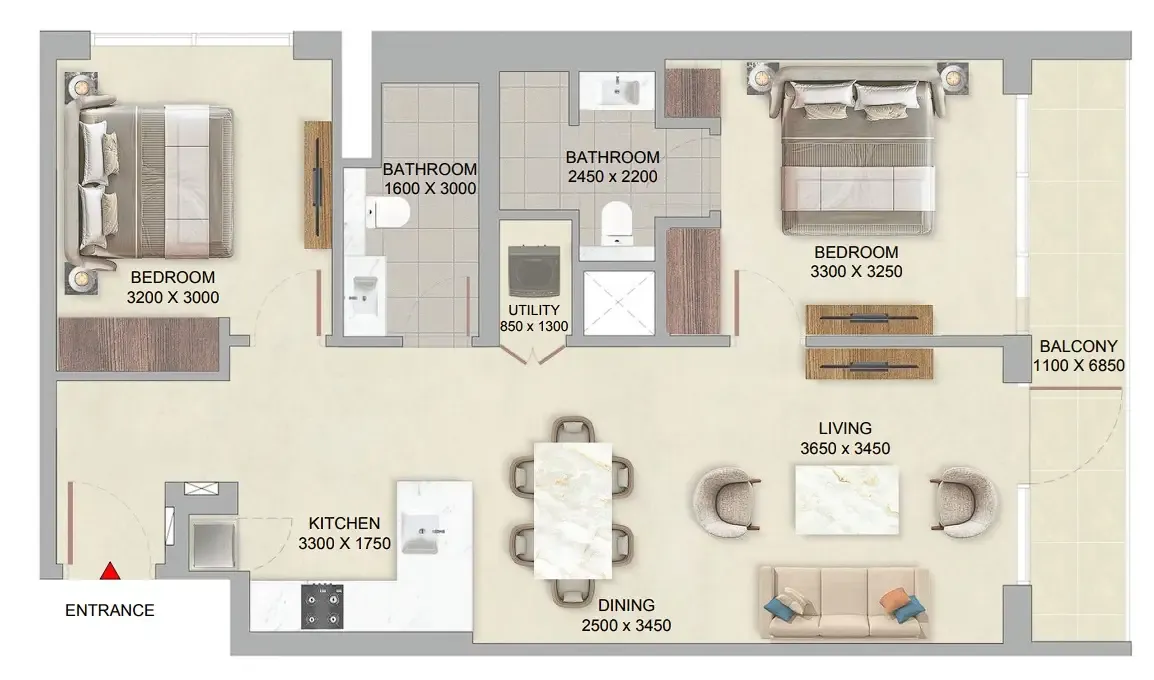 The Woods at Sobha Sanctuary 2 bed floor plan, 961 – 1,130 sqft