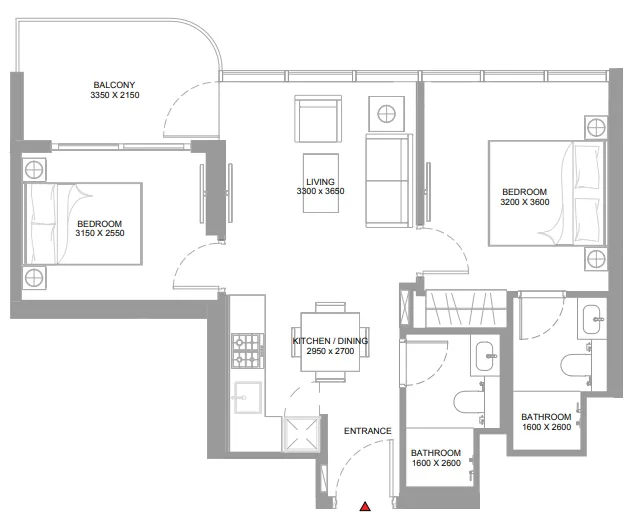 Pierside Marina Residences 2 bed floor plan, 686 sqft