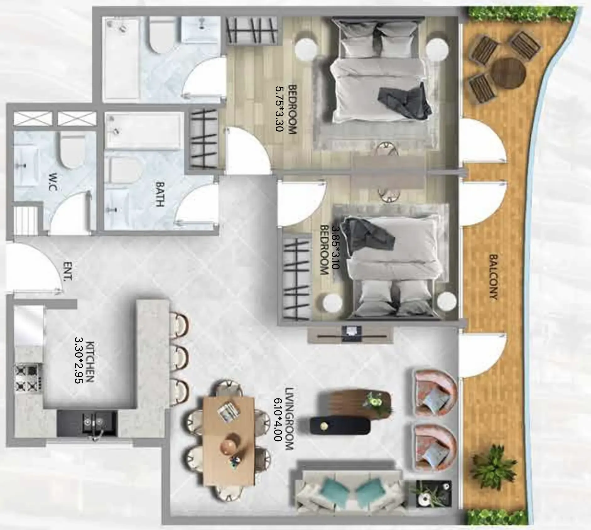 311 Boulevard 2 bed floor plan, 1,111 sqft