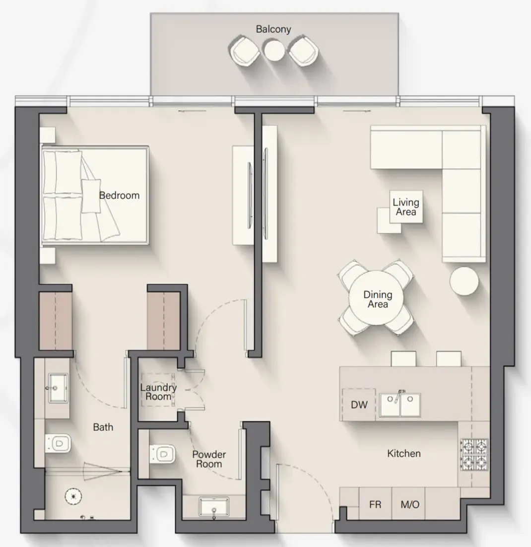 Riverton House 1 bed floor plan, 791 sqft