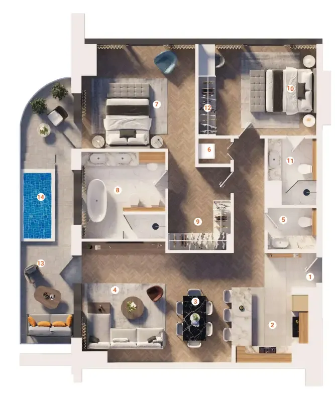 The Orchard Place Towers D & E 2 bed floor plan, 1,336 sqft