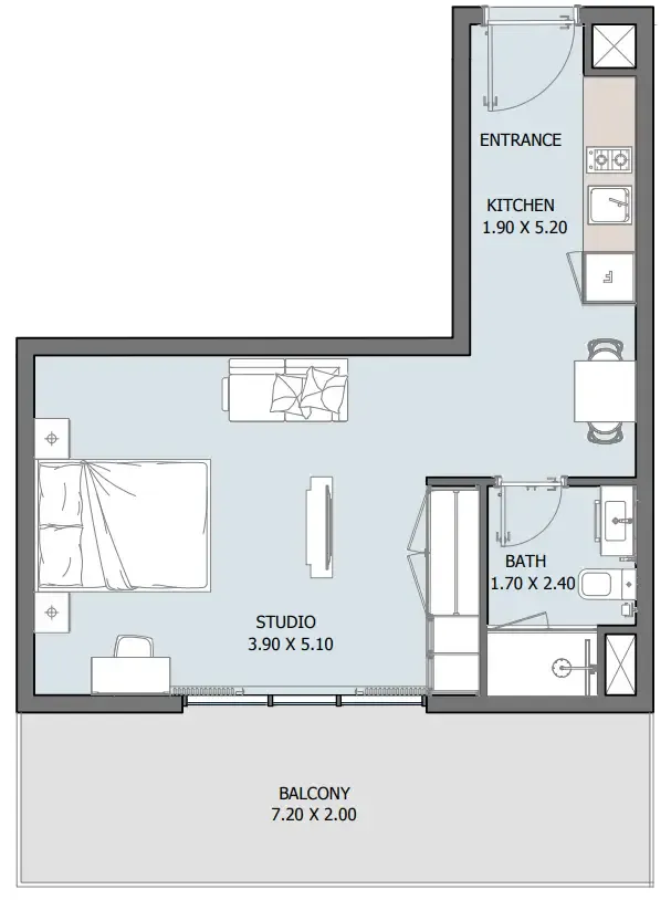 Oceana 1 bed floor plan, 559 sqft