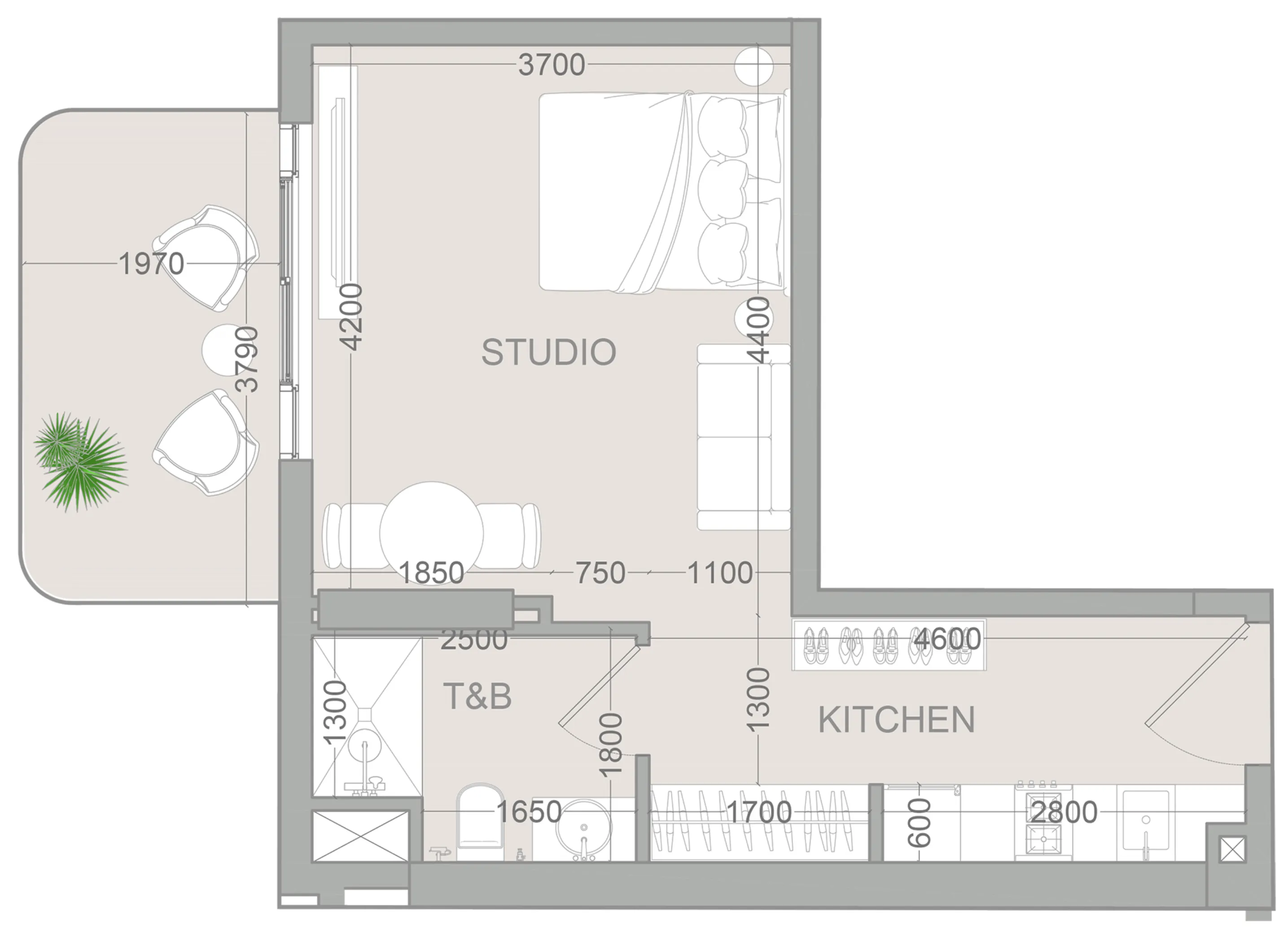 TETR1S Tower Studio floor plan, 438 sqft