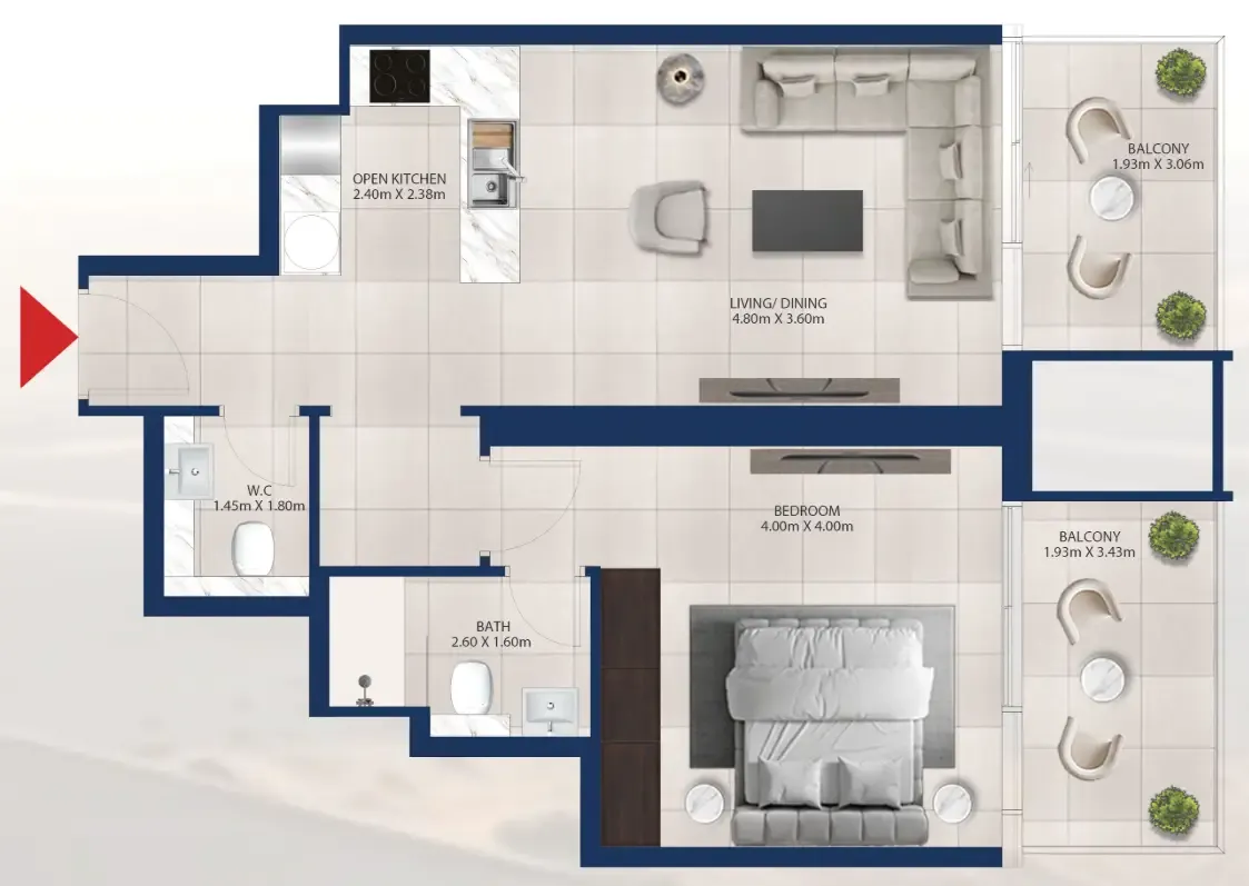 Al Vista 1 bed floor plan, 799 sqft