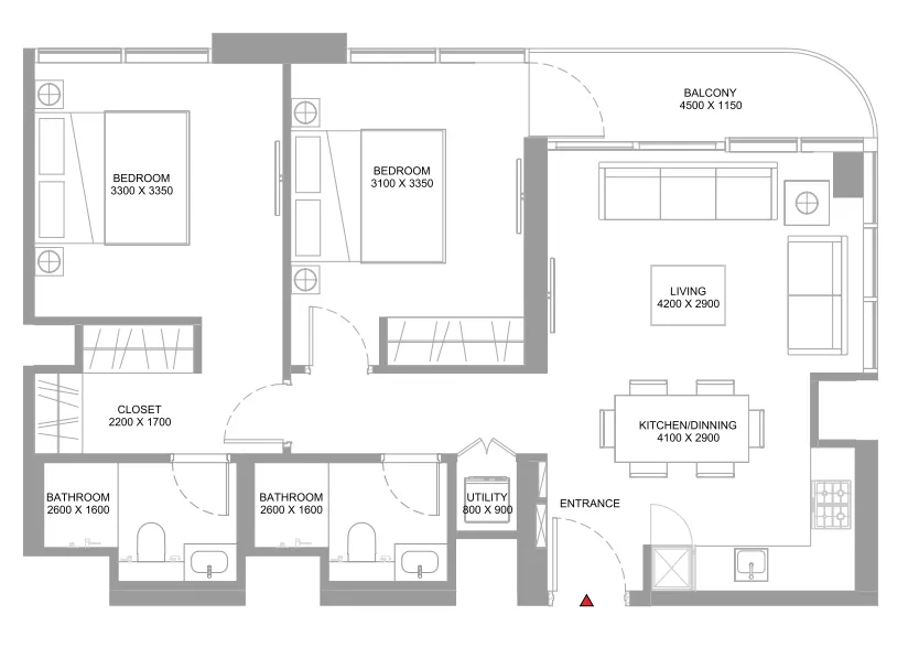 Coastline Beach Residences 2 bed floor plan, 864 sqft