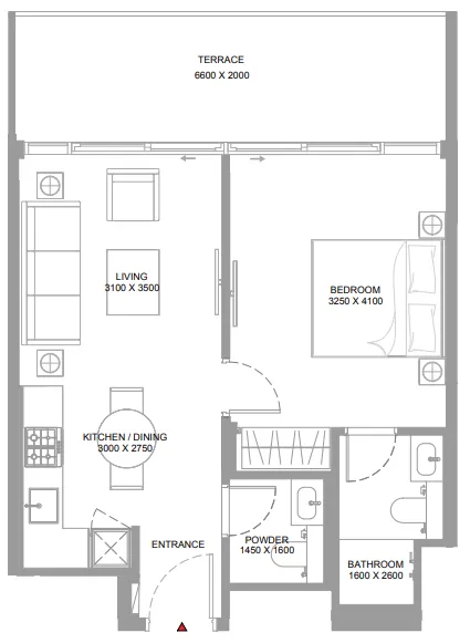 Canalside Marina Residences 1 bed floor plan, 660 – 663 sqft