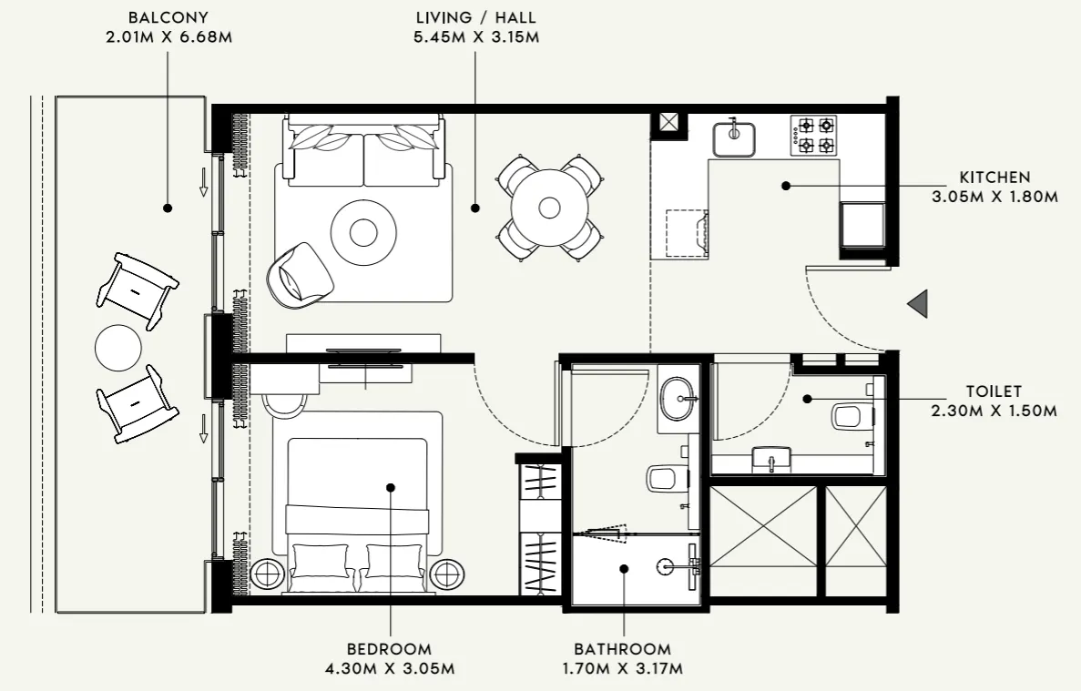 Azizi Venice 1 bed floor plan, 734 sqft