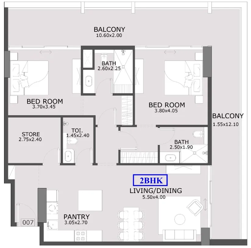 Azra Residence 2 bed floor plan, 1,572 – 1,581 sqft