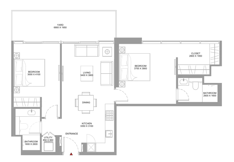 Coastline Beach Residences 2 bed floor plan, 987 – 991 sqft