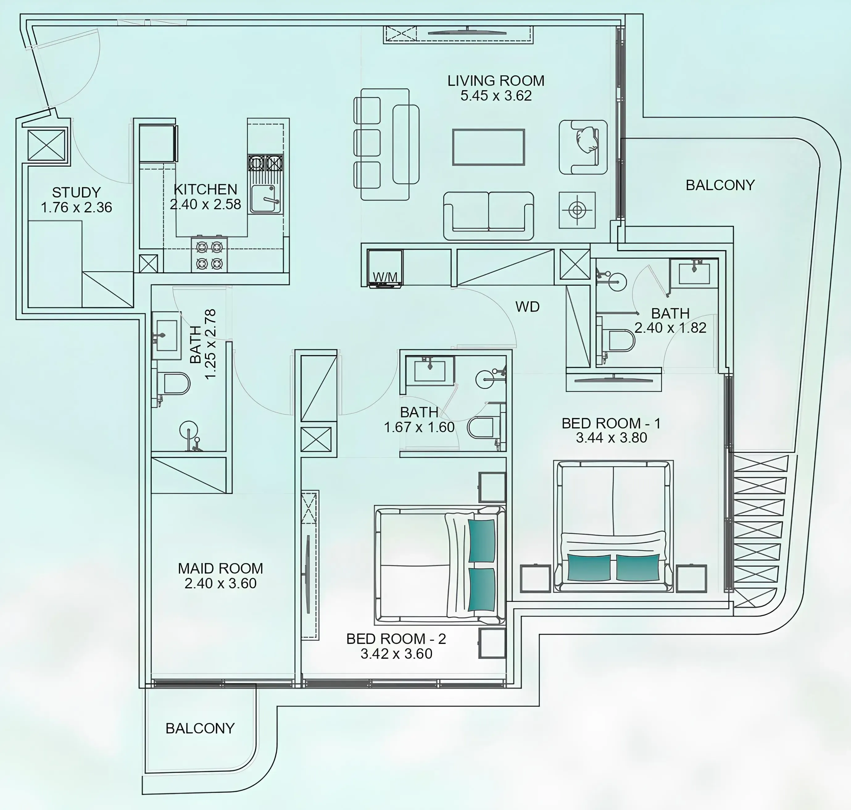 Floarea Breeze 2 bed floor plan, 1,259 sqft