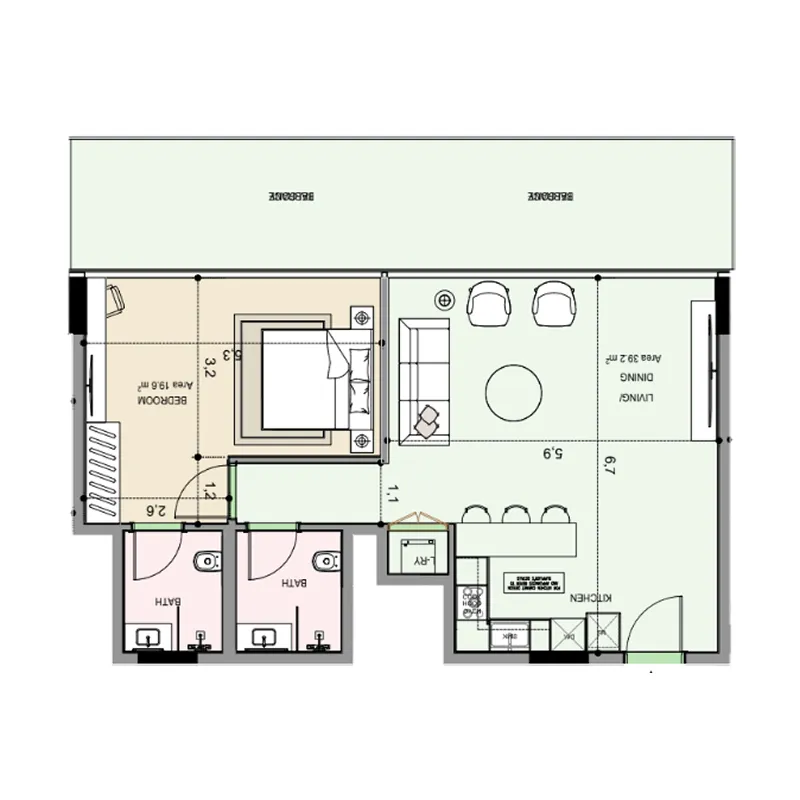 Edgewater Residences 1, 2 and 3 1 bed floor plan, 1,108 sqft