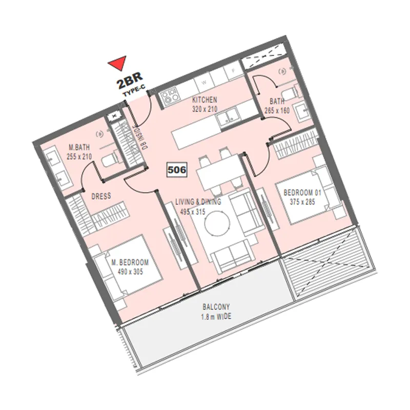 Marlin 2 2 bed floor plan, 868 sqft