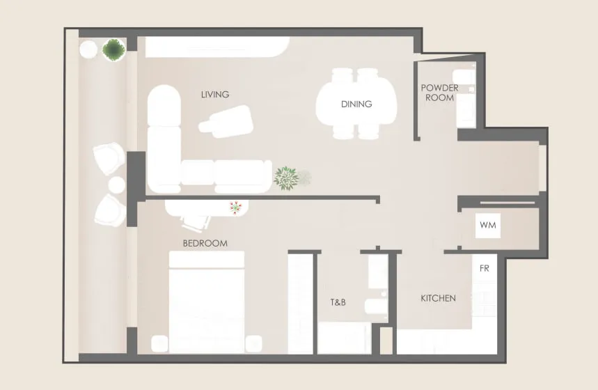 Cavara Central 1 bed floor plan, 818 – 942 sqft