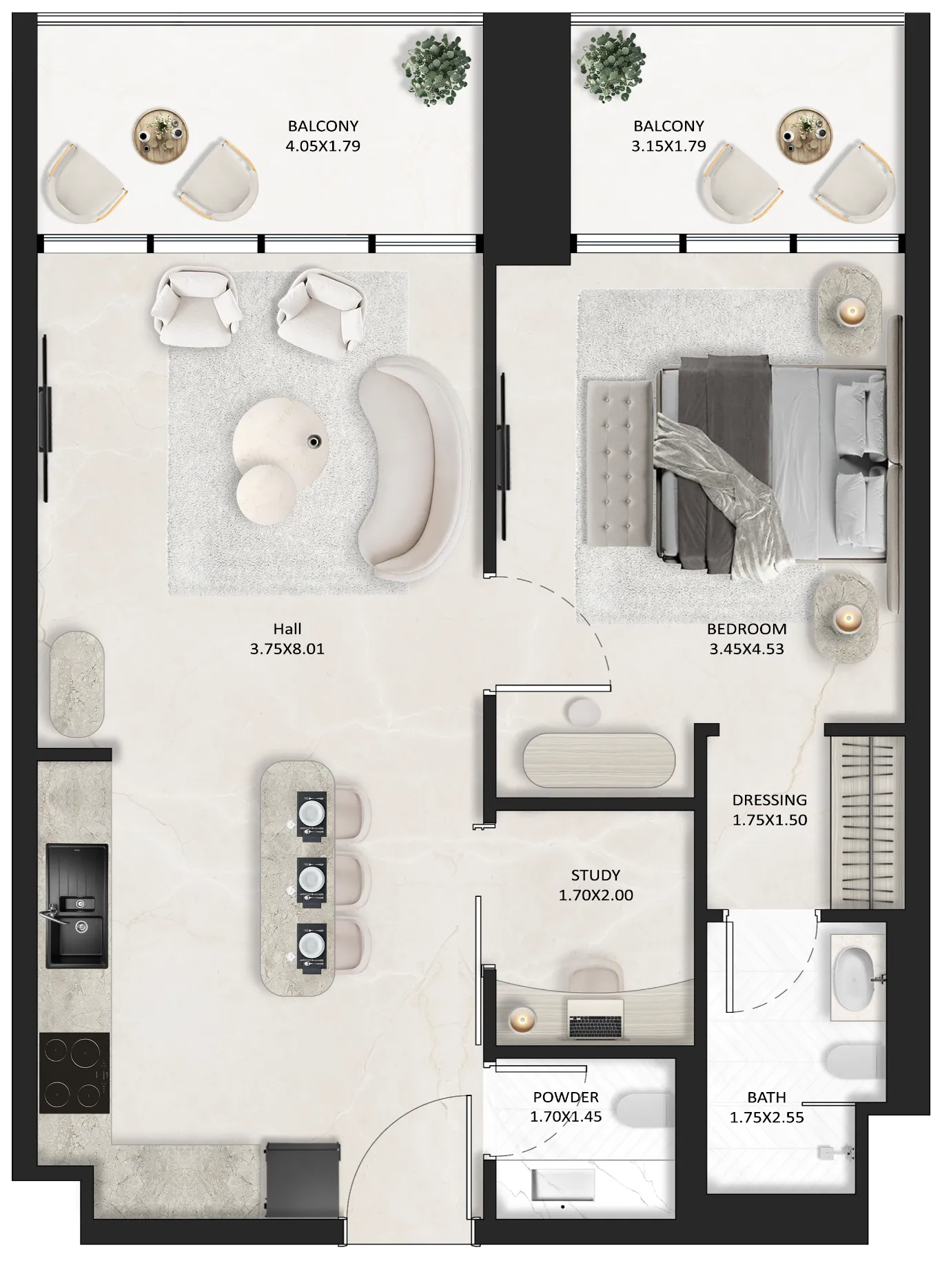 SquareX One 1 bed floor plan, 753 sqft