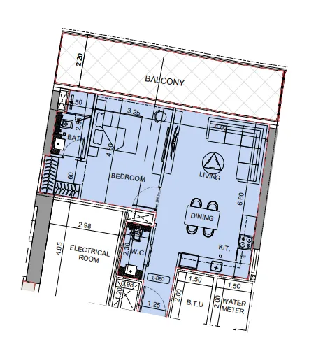 Binghatti Aquarise 1 bed floor plan, 876 sqft