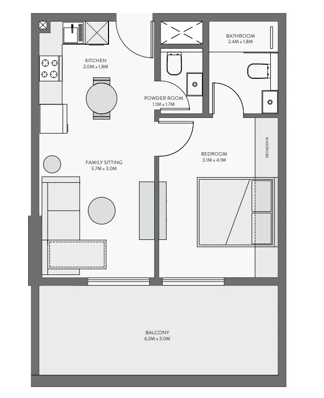 Equiti Gate 1 bed floor plan, 599 sqft