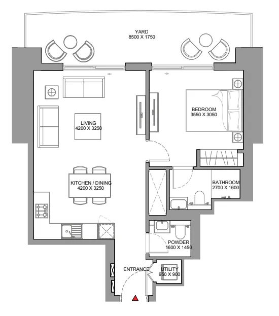Skyscape 1 bed floor plan, 817 sqft
