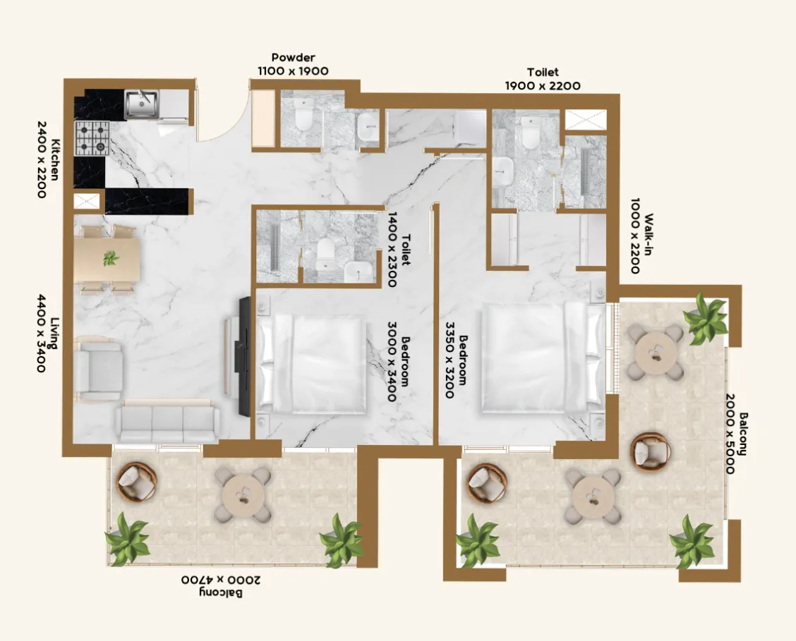 RR Residence 2 bed floor plan, 1,137 – 1,138 sqft