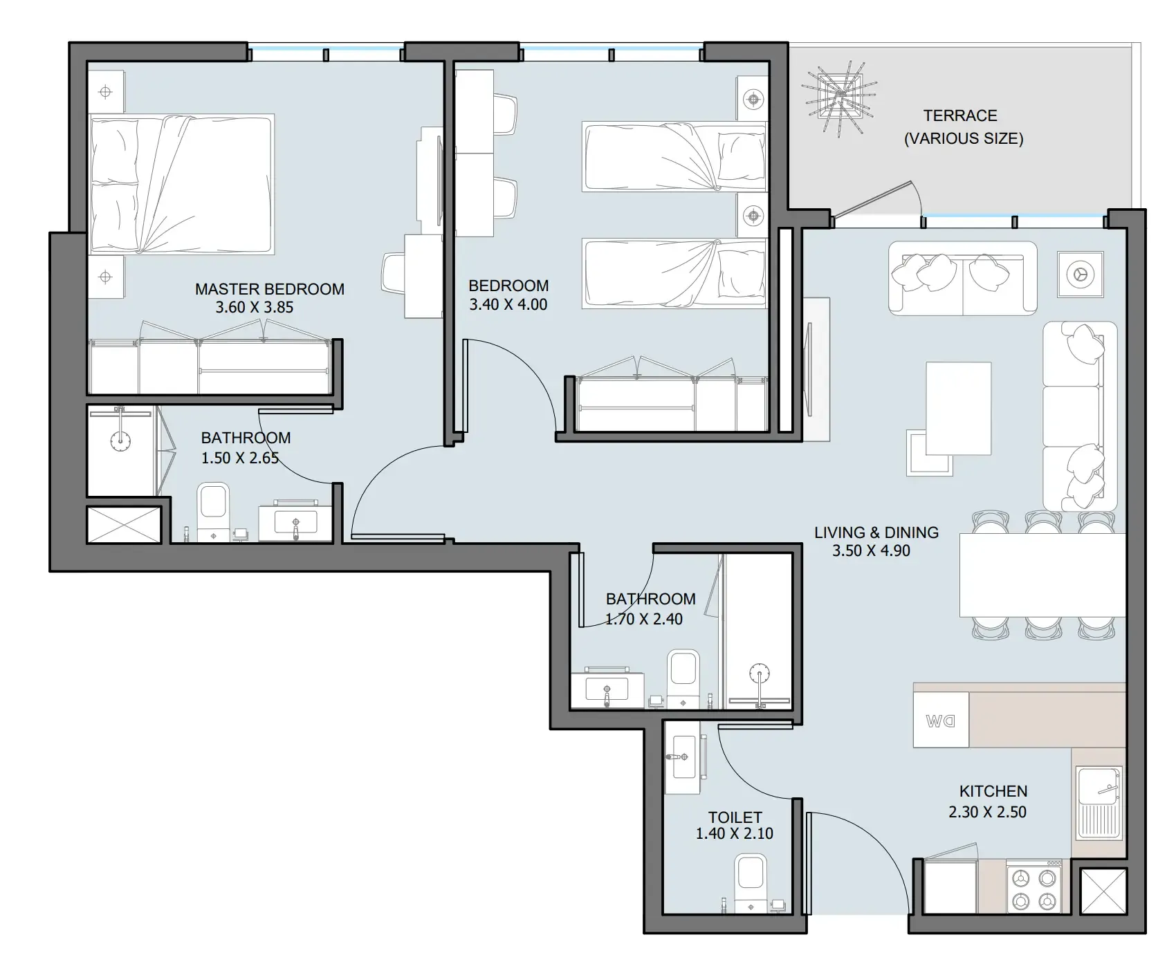 The District 2 bed floor plan, 918 sqft
