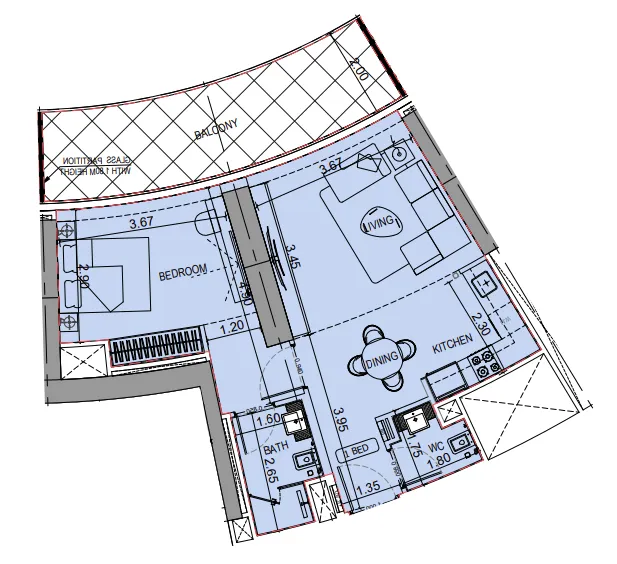 Binghatti Flare 1 bed floor plan, 805 sqft