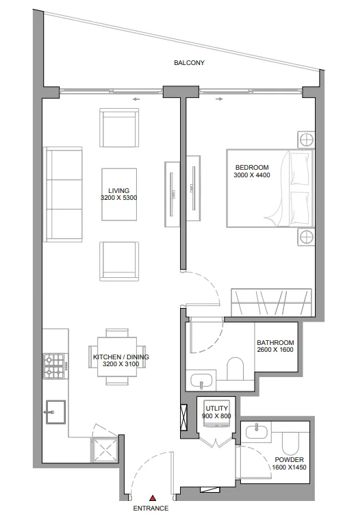 The Serene at Sobha Central 1 bed floor plan, 749 sqft