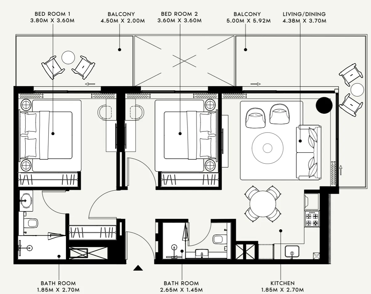 Azizi Venice 2 bed floor plan, 1,092 sqft