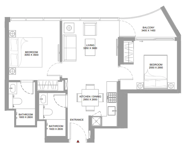 Canalside Marina Residences 2 bed floor plan, 675 – 682 sqft