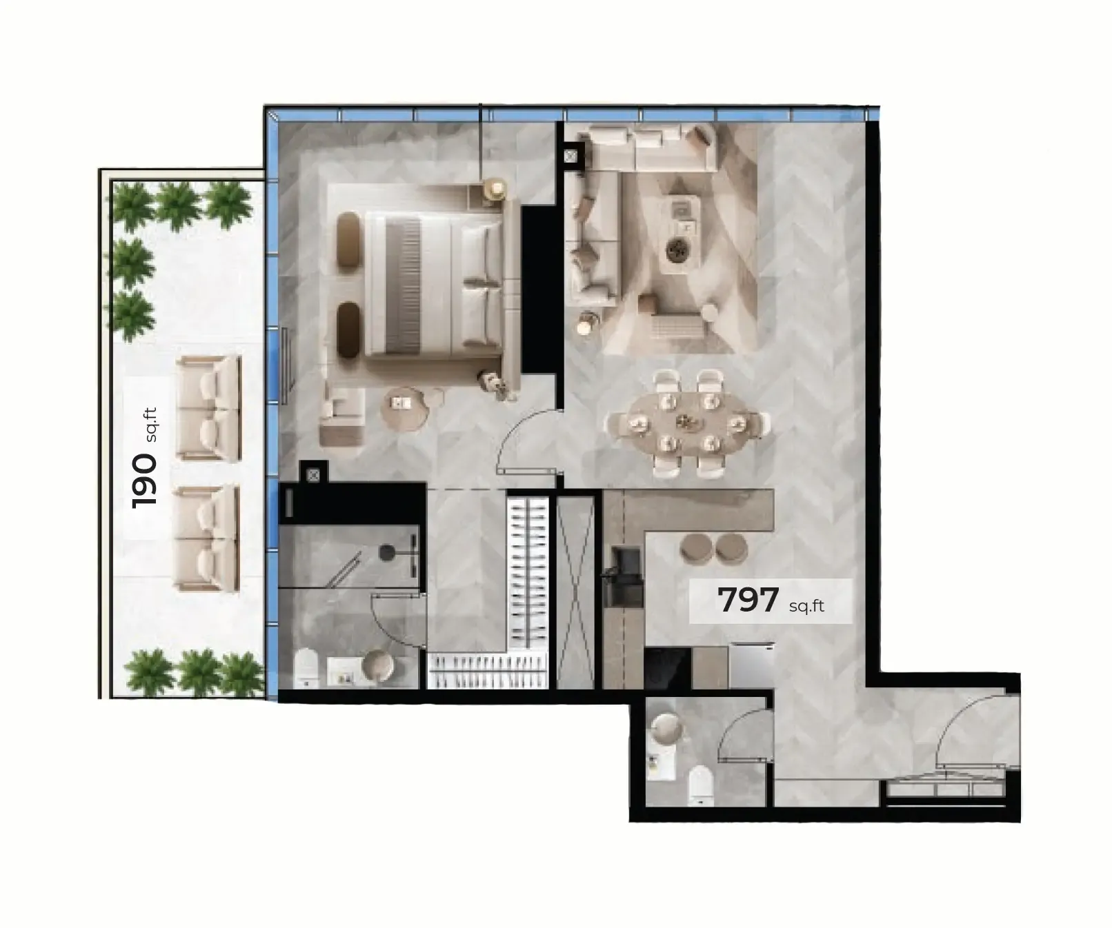 Radiant Terrace 1 bed floor plan, 987 sqft