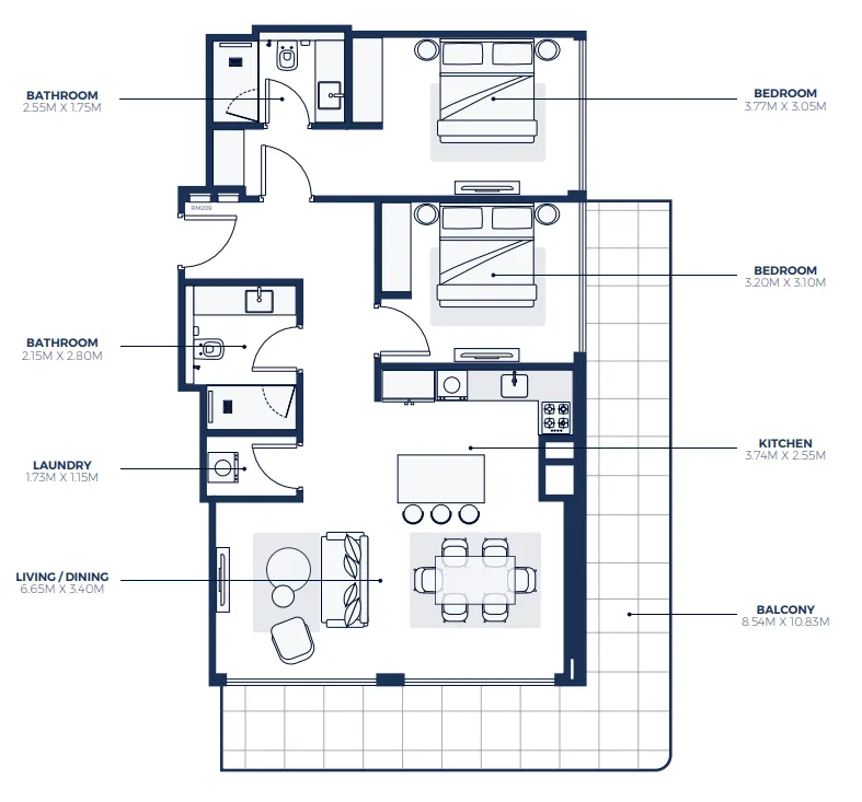 Creek Views 3 2 bed floor plan, 1,314 sqft