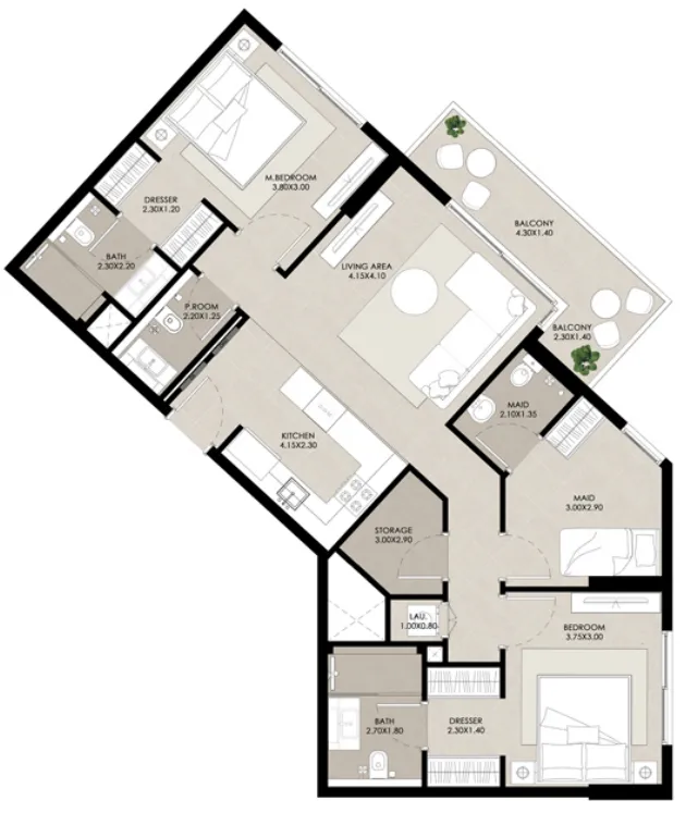 Rosewell 2 bed floor plan, 1,148 sqft