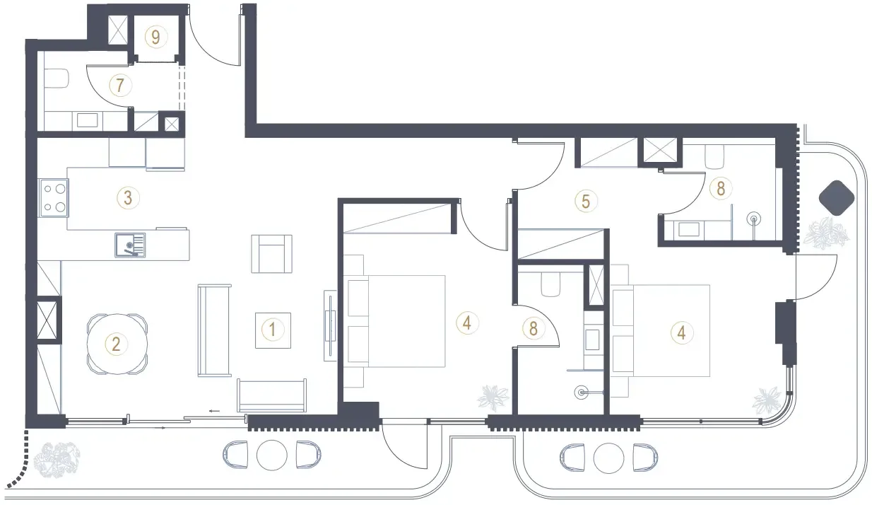 Liora 2 bed floor plan, 1,214 – 1,279 sqft