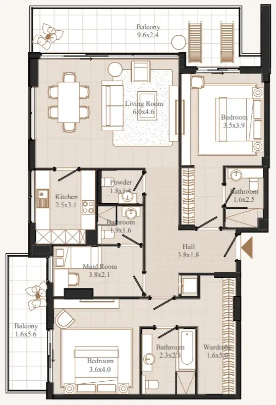 Flamingo LUX 2 bed floor plan, 1,670 sqft