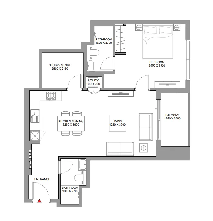 Skyscape 1 bed floor plan, 877 – 878 sqft