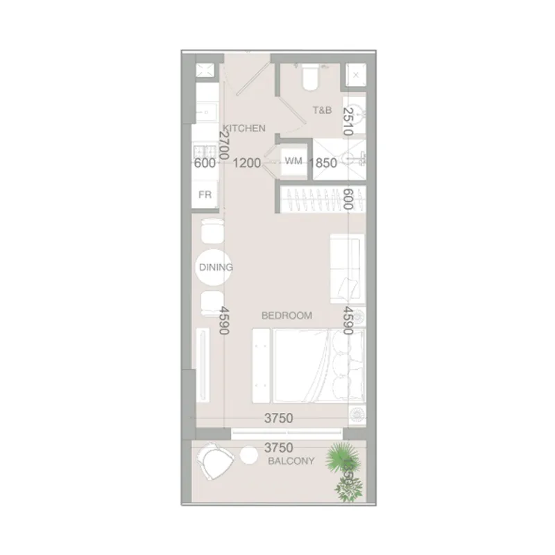 VERDAN1A 3 Studio floor plan, 398 sqft