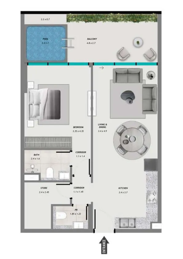 Samana Resorts 1 bed floor plan, 889 sqft