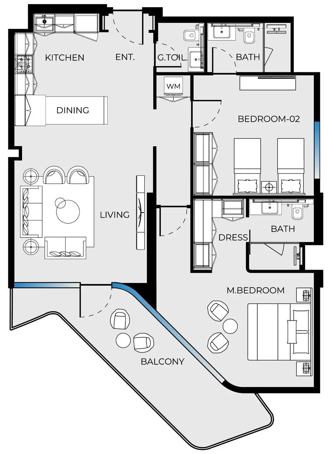 Luxury Canal Residences 2 bed floor plan, 1,244 sqft