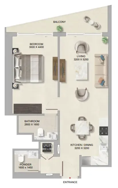 The Tranquil at Sobha Central 1 bed floor plan, 749 sqft