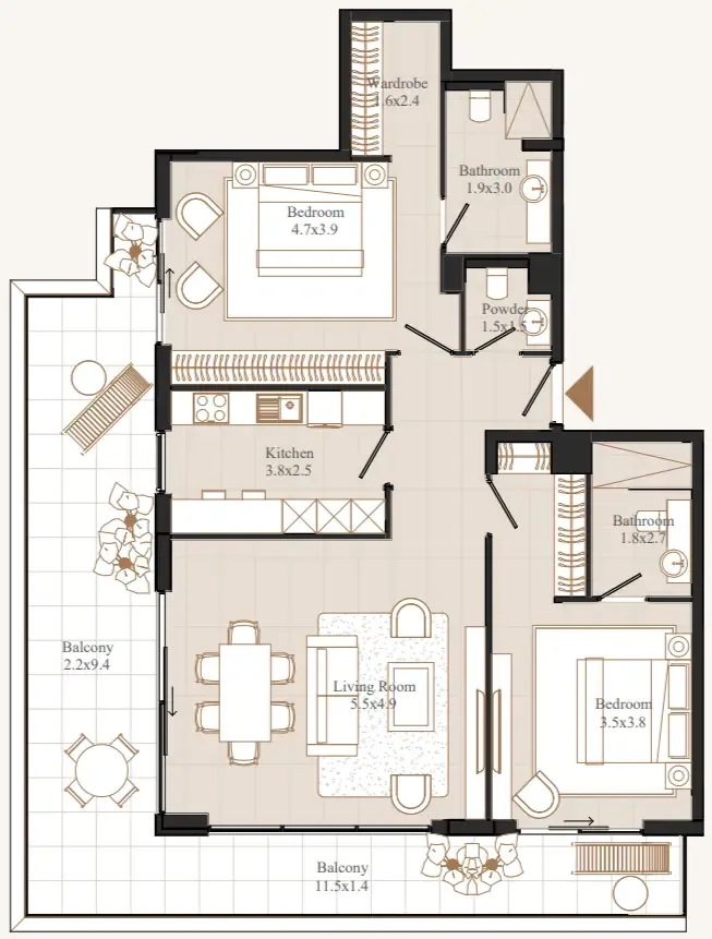 Flamingo LUX 2 bed floor plan, 1,563 sqft