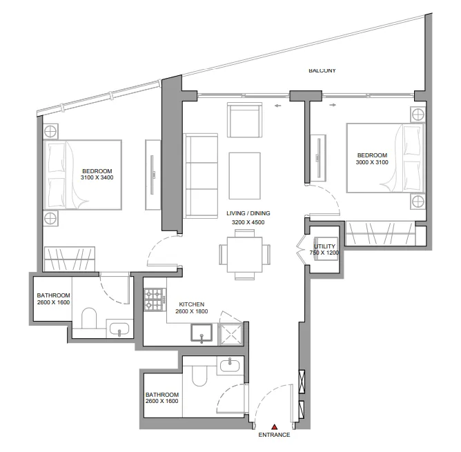 The Serene at Sobha Central 2 bed floor plan, 852 – 853 sqft