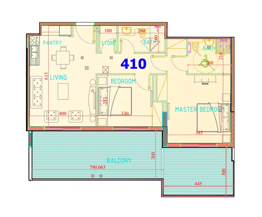 Carmel Residence 2 bed floor plan, 1,256 sqft