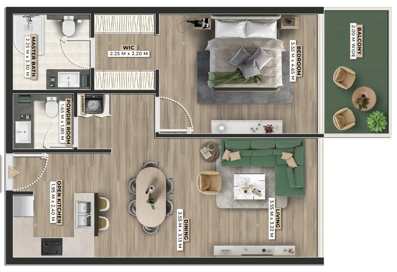 Firoza 1 bed floor plan, 822 sqft