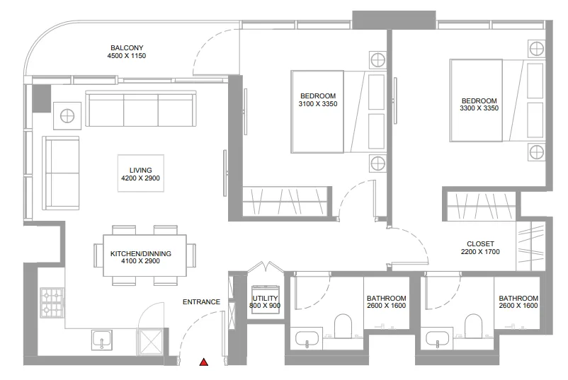 Pristine Beach Residences 2 bed floor plan, 863 sqft