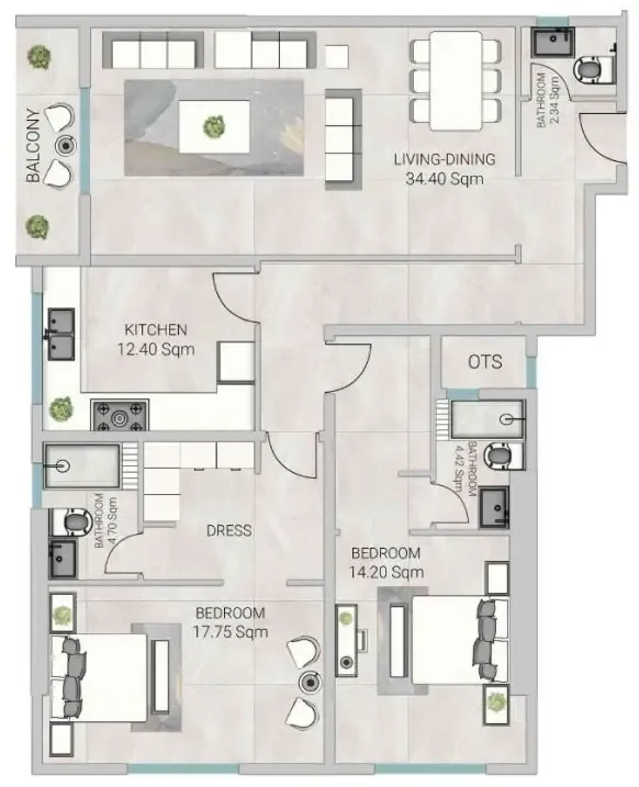 Al Ameera Village 5 2 bed floor plan, 1,926 sqft