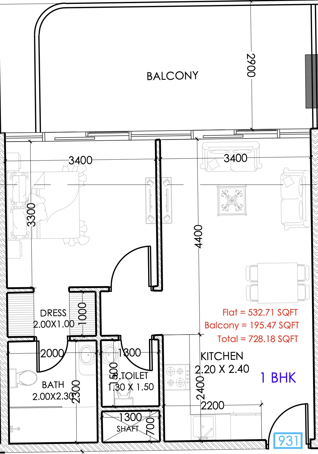 Terra Tower 1 bed floor plan, 720 sqft