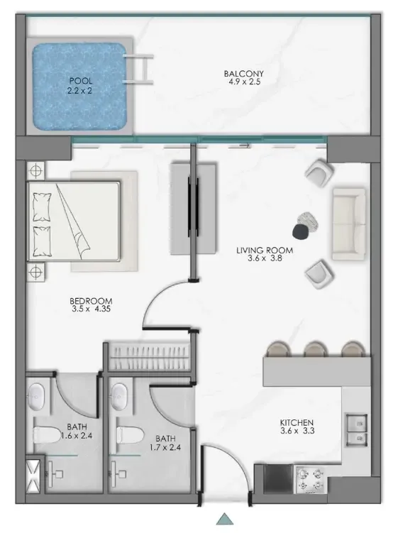 Samana Sky Views 1 bed floor plan, 769 sqft
