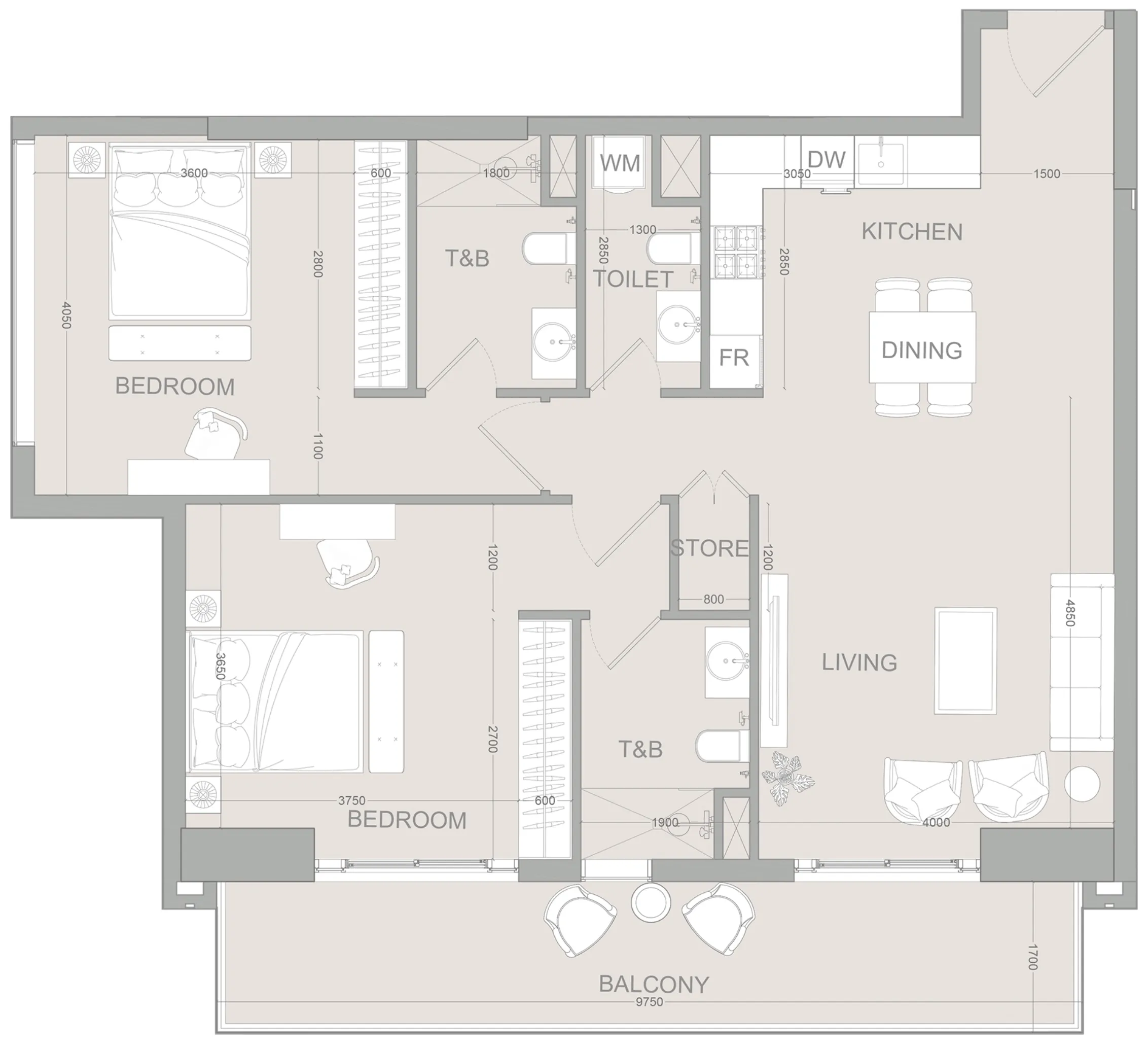 AUREL1A Residence 2 bed floor plan, 1,262 sqft