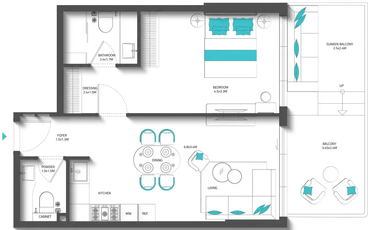 Reef 996 1 bed floor plan, 774 – 1,220 sqft