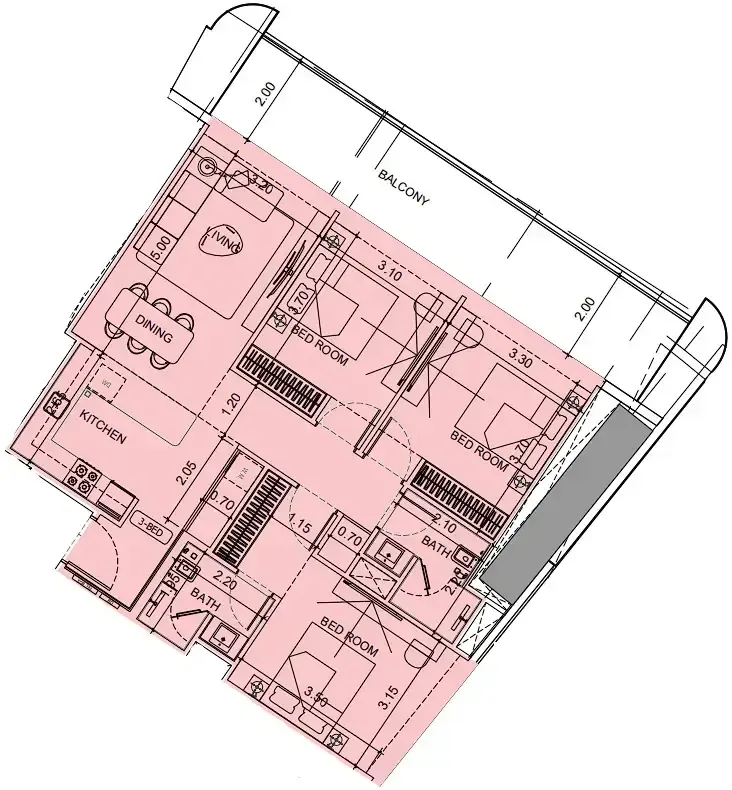 Vision Iconic 3 bed floor plan, 1,268 sqft